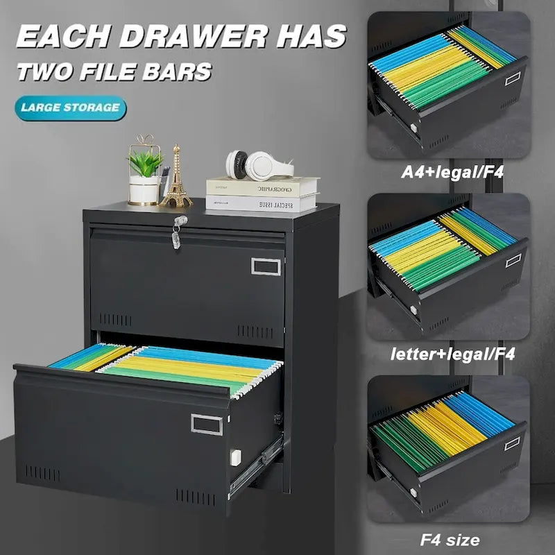 Archivador lateral de metal negro de 2 cajones con cerradura – 1 persona