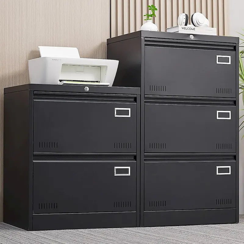 Archivador lateral de metal negro de 2 cajones con cerradura – 1 persona