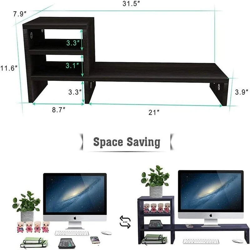 Soporte Elevador Negro para Monitor, Estante de 3 Niveles, Estación de Trabajo Individual