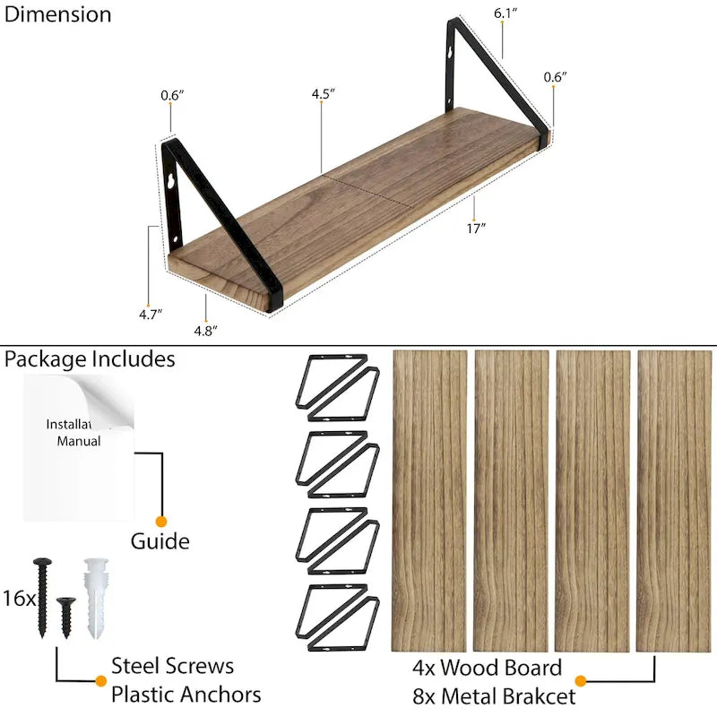Estante de pared flotante quemado natural marrón, 17"L x 4.8"P, capacidad de 40 lb