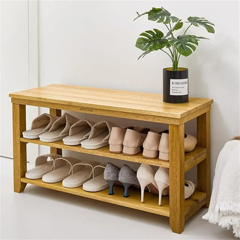 Banco zapatero de madera maciza de 2 niveles natural/marrón – 1 persona