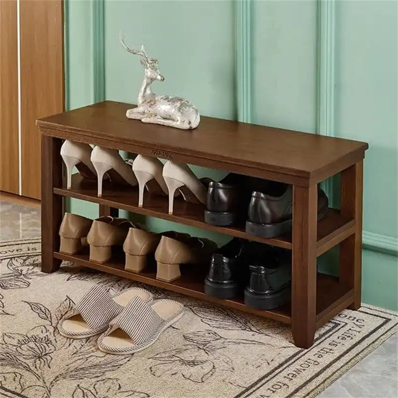 Banco zapatero de madera maciza de 2 niveles natural/marrón – 1 persona