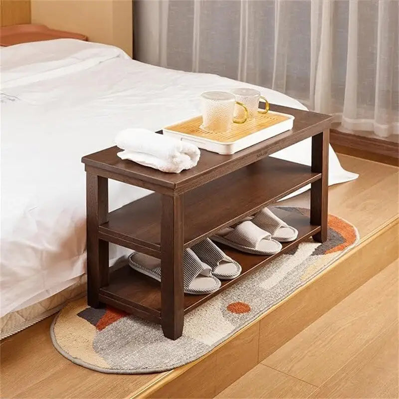 Banco zapatero de madera maciza de 2 niveles natural/marrón – 1 persona