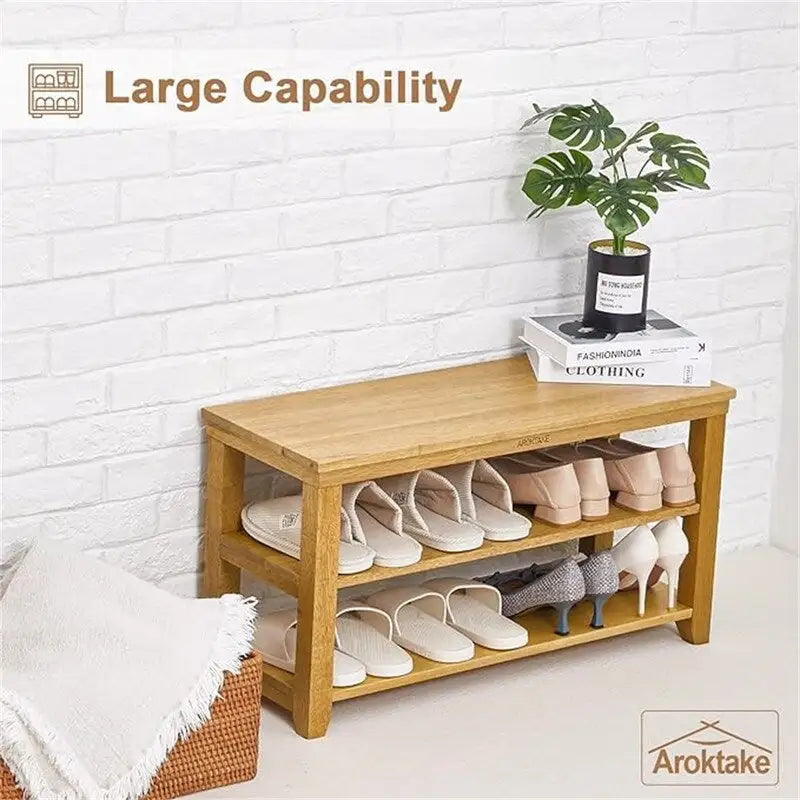 Banco zapatero de madera maciza de 2 niveles natural/marrón – 1 persona