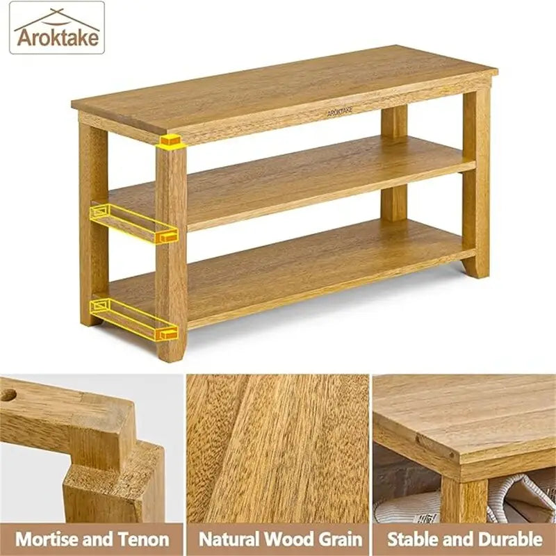 Banco zapatero de madera maciza de 2 niveles natural/marrón – 1 persona