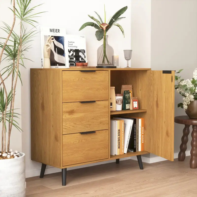Armario de almacenamiento con 3 cajones y estante ajustable, armario de estilo escandinavo con puerta, armario auxiliar para sala de estar, oficina en casa