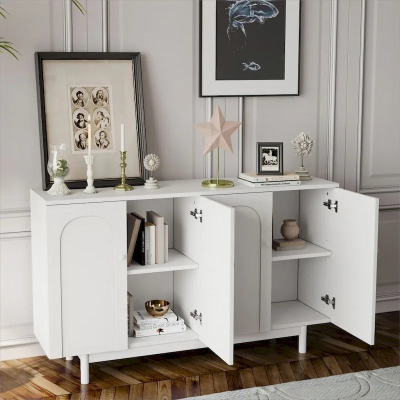 Armario de almacenamiento blanco de 4 puertas con paneles de talla, MDF y patas de pino