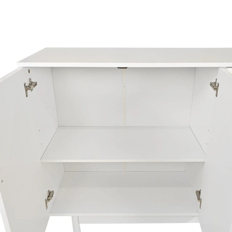 Armario de almacenamiento blanco de 4 puertas con paneles de talla, MDF y patas de pino