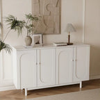 Armario de almacenamiento blanco de 4 puertas con paneles de talla, MDF y patas de pino