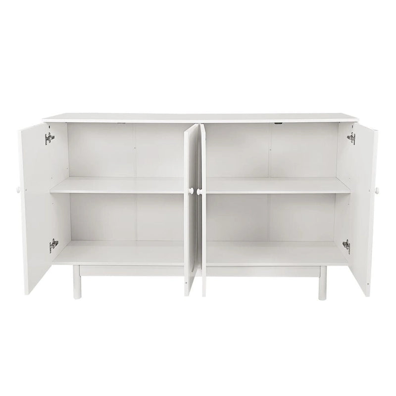 Armario de almacenamiento blanco de 4 puertas con paneles de talla, MDF y patas de pino