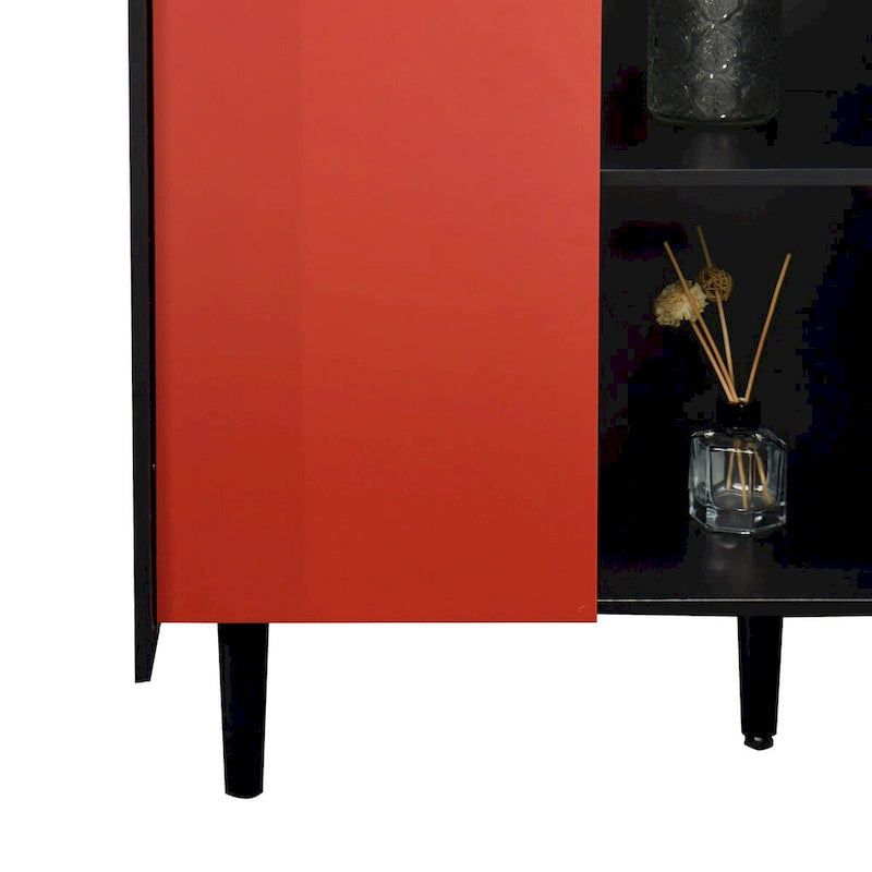 Aparador Buffet Negro y Rojo – 2 Cajones, 2 Estantes Abiertos, 1 Armario Cerrado