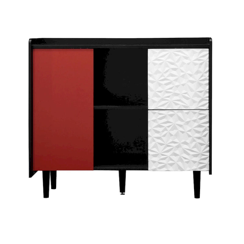 Aparador Buffet Negro y Rojo – 2 Cajones, 2 Estantes Abiertos, 1 Armario Cerrado