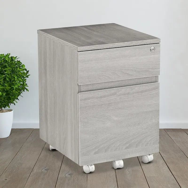 Archivador móvil de dos cajones con diseño de vetas de madera gris y cerradura, para 1 persona