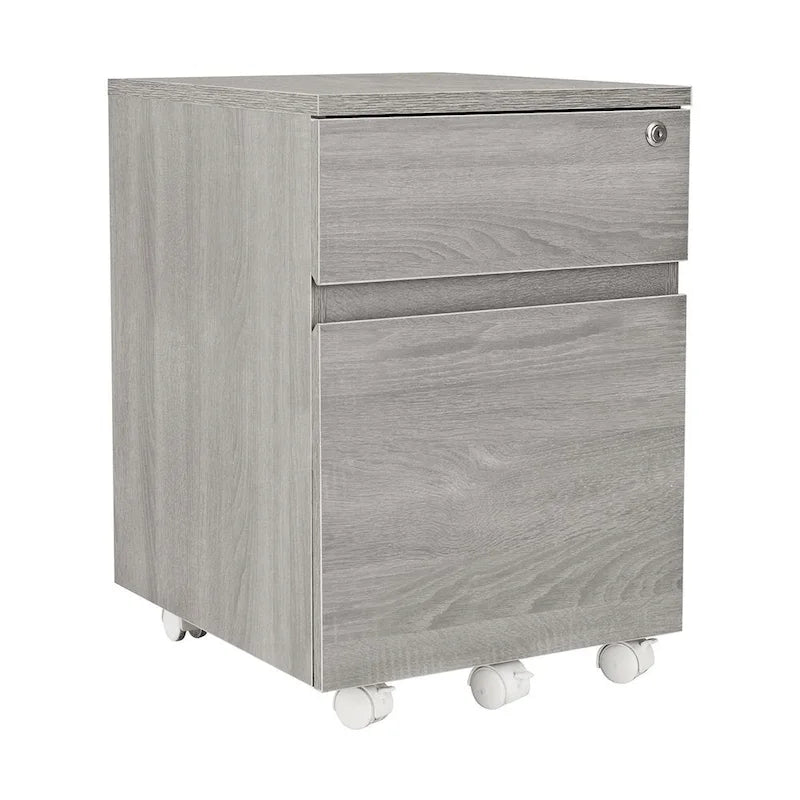 Archivador móvil de dos cajones con diseño de vetas de madera gris y cerradura, para 1 persona
