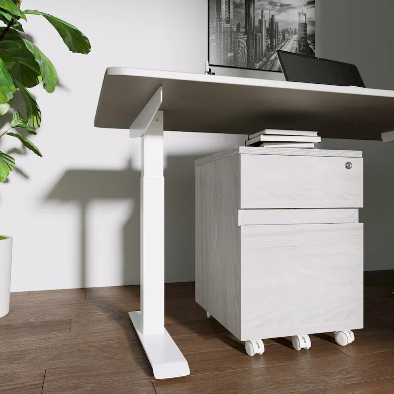 Archivador móvil de dos cajones con diseño de vetas de madera gris y cerradura, para 1 persona