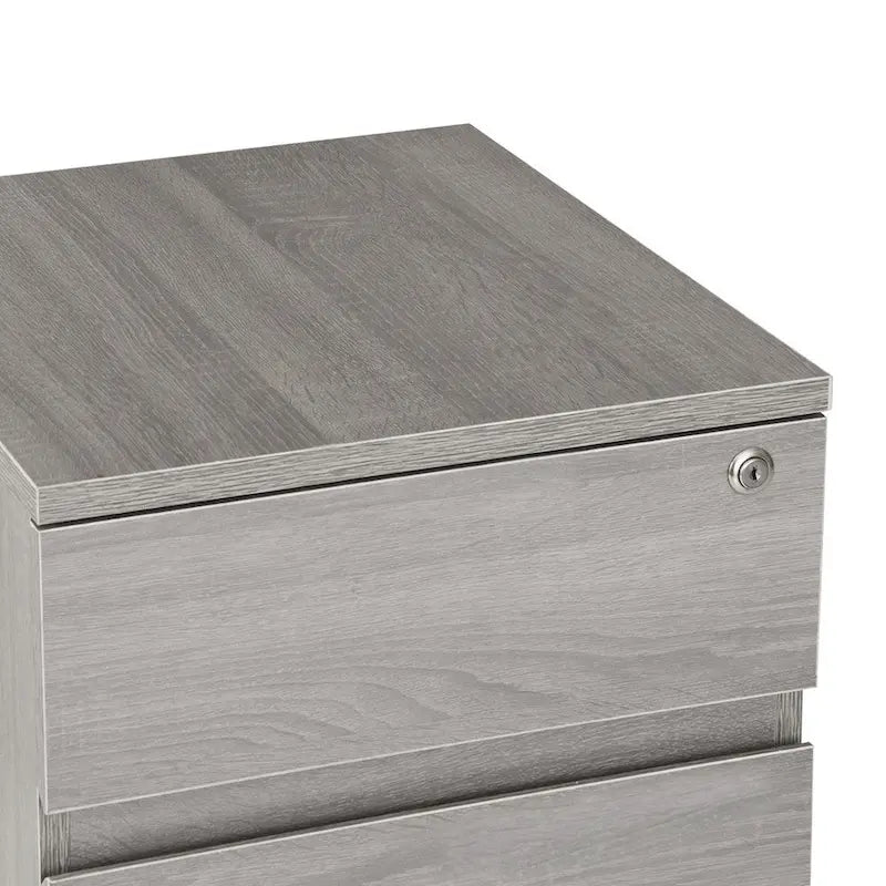 Archivador móvil de dos cajones con diseño de vetas de madera gris y cerradura, para 1 persona