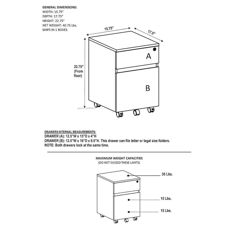 Archivador móvil de dos cajones con diseño de vetas de madera gris y cerradura, para 1 persona