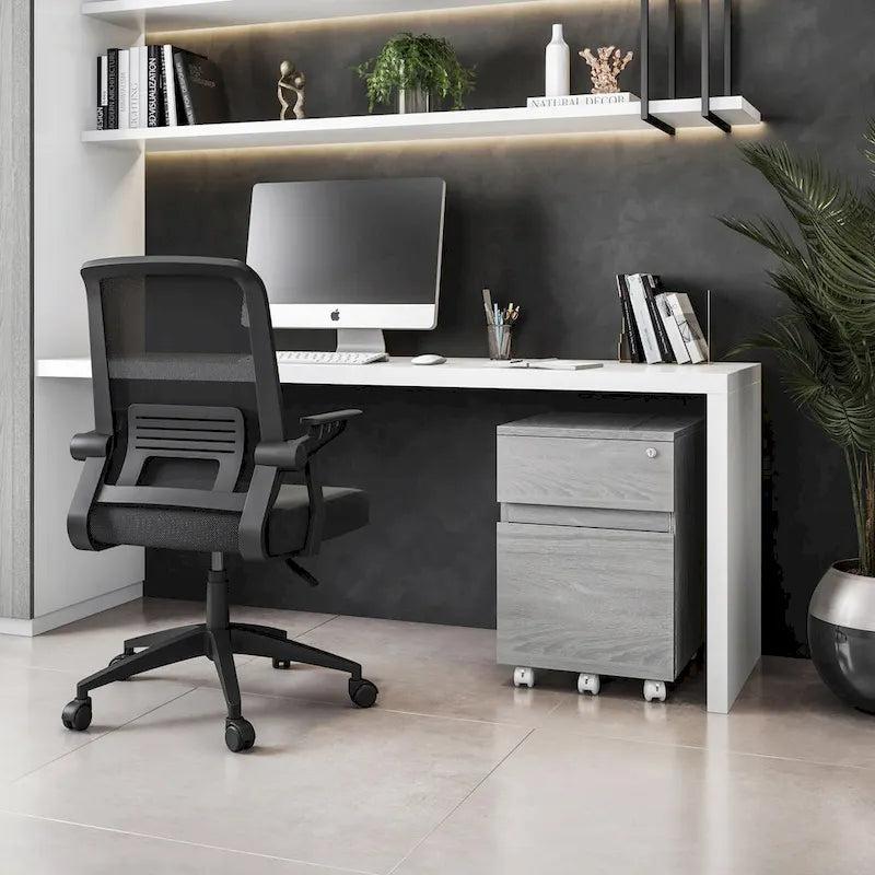 Archivador móvil de dos cajones con diseño de vetas de madera gris y cerradura, para 1 persona