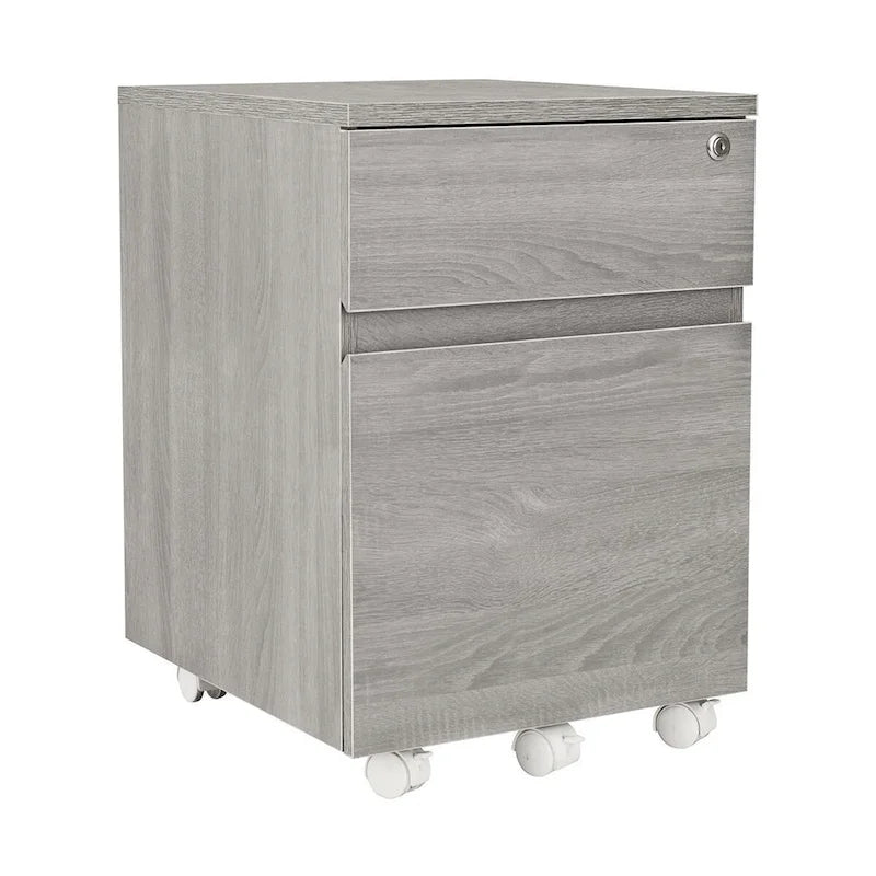 Archivador móvil de dos cajones con diseño de vetas de madera gris y cerradura, para 1 persona
