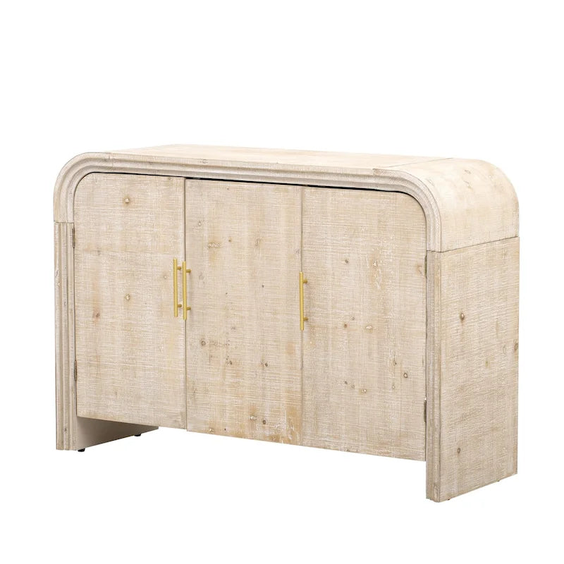 Aparador curvo de madera natural lavada / negro antiguo con tiradores dorados – Estilo retro, almacenamiento de 2 puertas