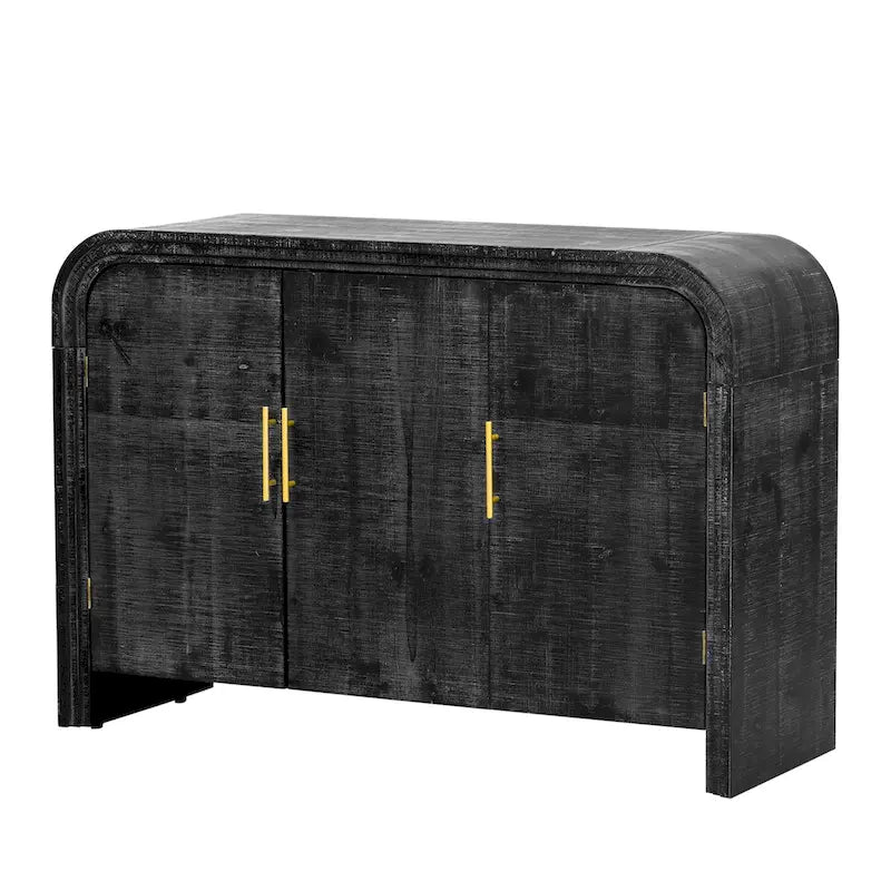 Aparador curvo de madera natural lavada / negro antiguo con tiradores dorados – Estilo retro, almacenamiento de 2 puertas