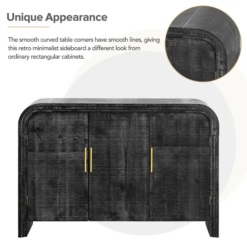 Aparador curvo de madera natural lavada / negro antiguo con tiradores dorados – Estilo retro, almacenamiento de 2 puertas