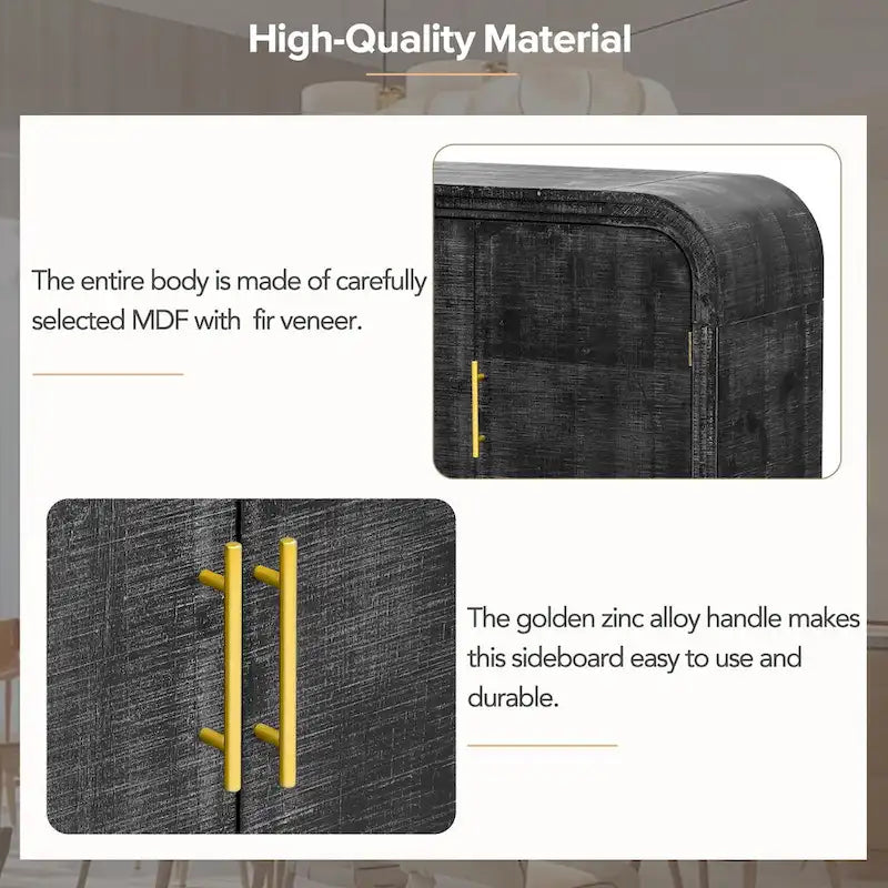 Aparador curvo de madera natural lavada / negro antiguo con tiradores dorados – Estilo retro, almacenamiento de 2 puertas