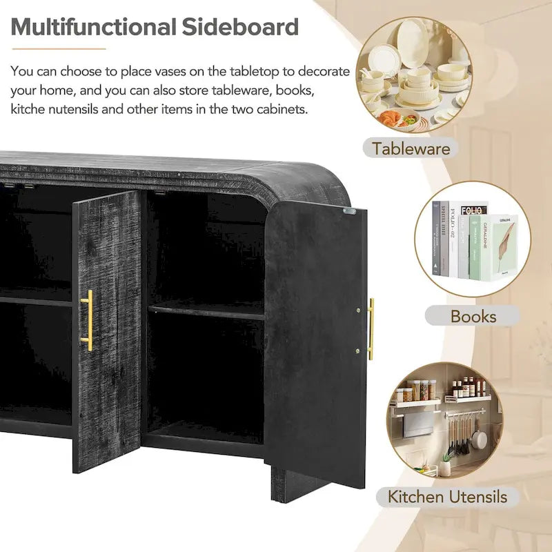 Aparador curvo de madera natural lavada / negro antiguo con tiradores dorados – Estilo retro, almacenamiento de 2 puertas