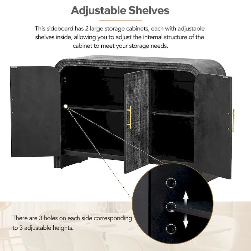 Aparador curvo de madera natural lavada / negro antiguo con tiradores dorados – Estilo retro, almacenamiento de 2 puertas
