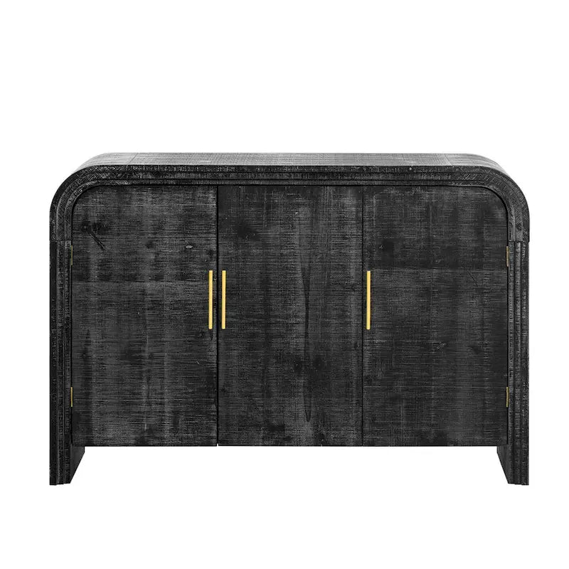 Aparador curvo de madera natural lavada / negro antiguo con tiradores dorados – Estilo retro, almacenamiento de 2 puertas