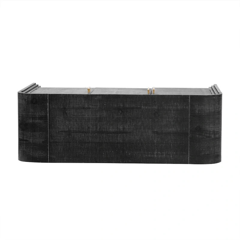 Aparador curvo de madera natural lavada / negro antiguo con tiradores dorados – Estilo retro, almacenamiento de 2 puertas
