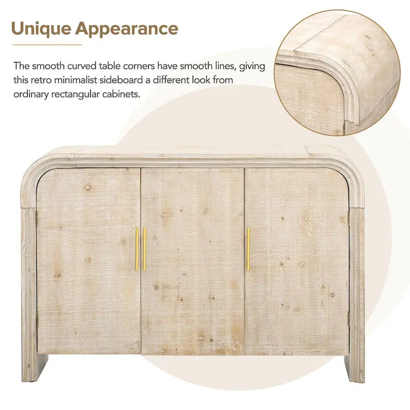 Aparador curvo de madera natural lavada / negro antiguo con tiradores dorados – Estilo retro, almacenamiento de 2 puertas