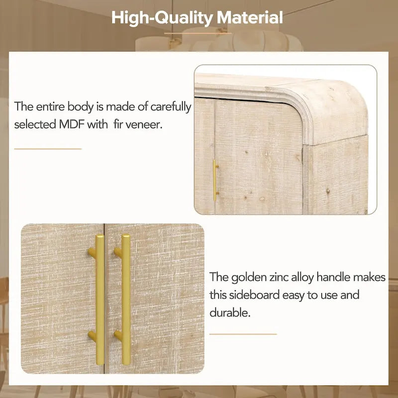 Aparador curvo de madera natural lavada / negro antiguo con tiradores dorados – Estilo retro, almacenamiento de 2 puertas