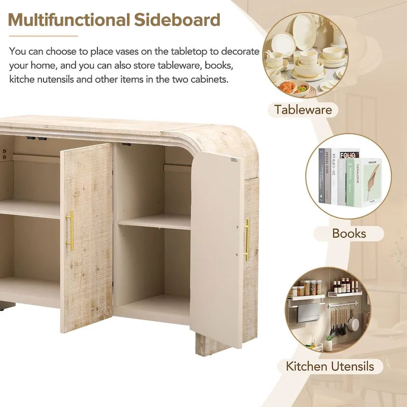 Aparador curvo de madera natural lavada / negro antiguo con tiradores dorados – Estilo retro, almacenamiento de 2 puertas