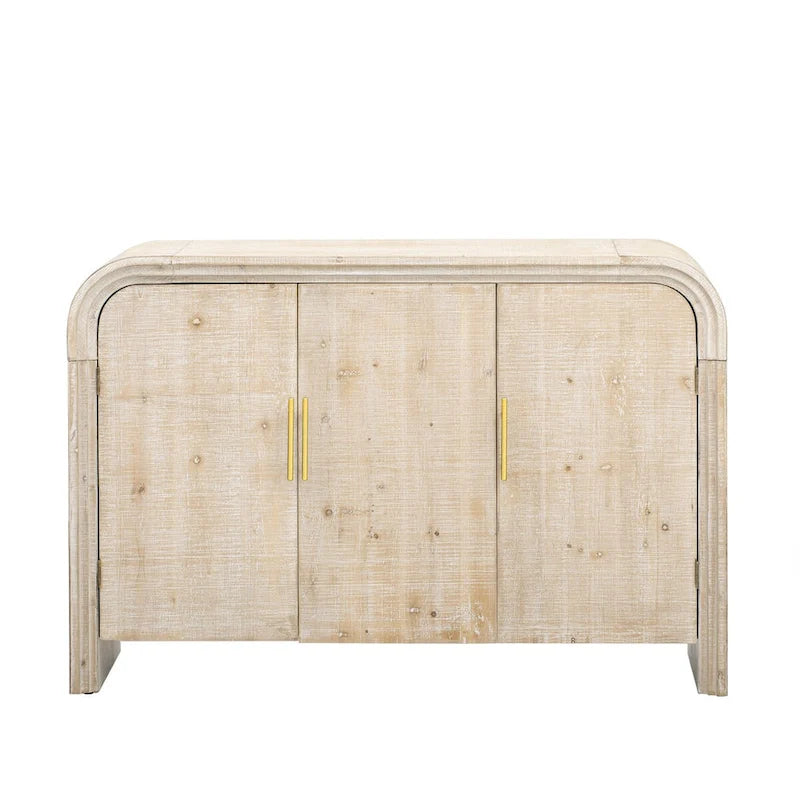 Aparador curvo de madera natural lavada / negro antiguo con tiradores dorados – Estilo retro, almacenamiento de 2 puertas
