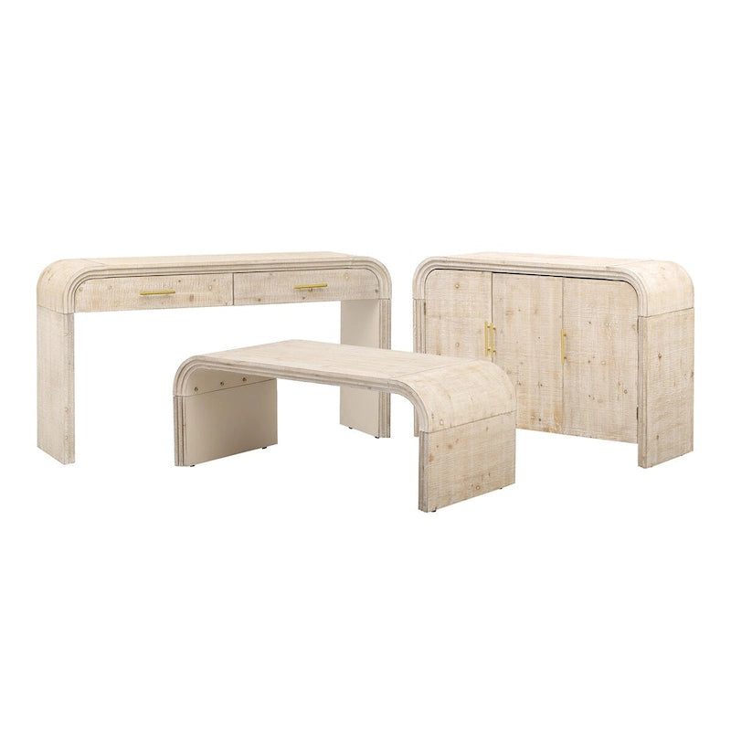 Aparador curvo de madera natural lavada / negro antiguo con tiradores dorados – Estilo retro, almacenamiento de 2 puertas