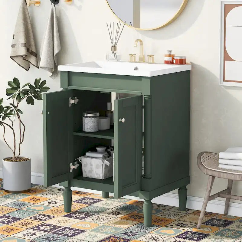 Tocador de baño independiente con lavabo individual en verde/blanco/plata/azul – 1 persona