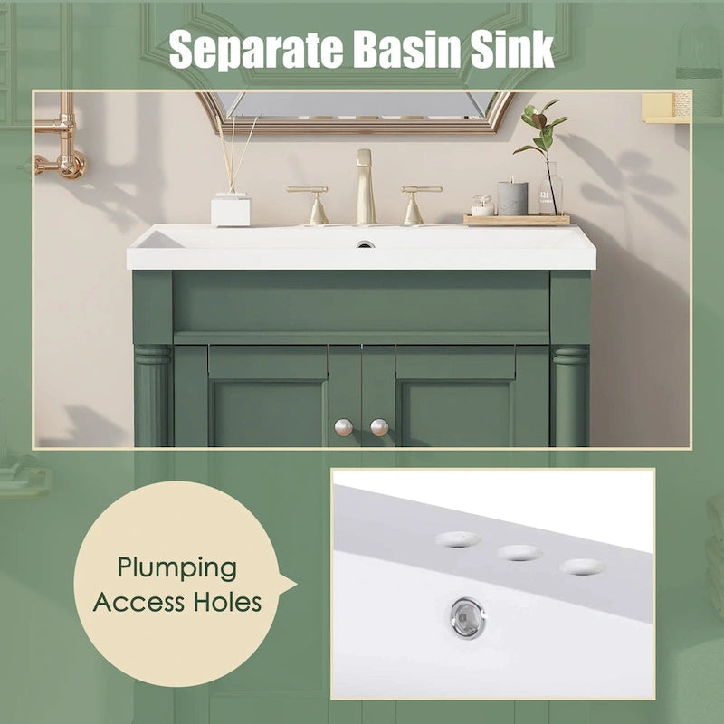Tocador de baño independiente con lavabo individual en verde/blanco/plata/azul – 1 persona