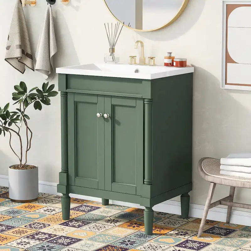 Tocador de baño independiente con lavabo individual en verde/blanco/plata/azul – 1 persona