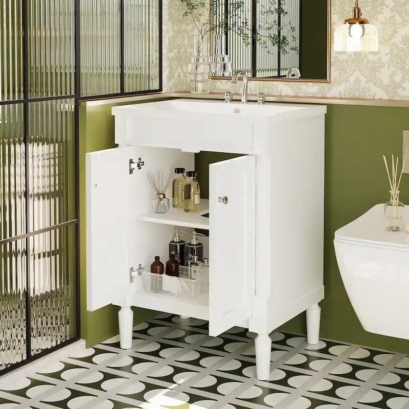 Tocador de baño independiente con lavabo individual en verde/blanco/plata/azul – 1 persona