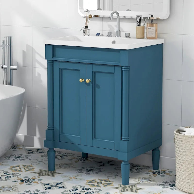Tocador de baño independiente con lavabo individual en verde/blanco/plata/azul – 1 persona