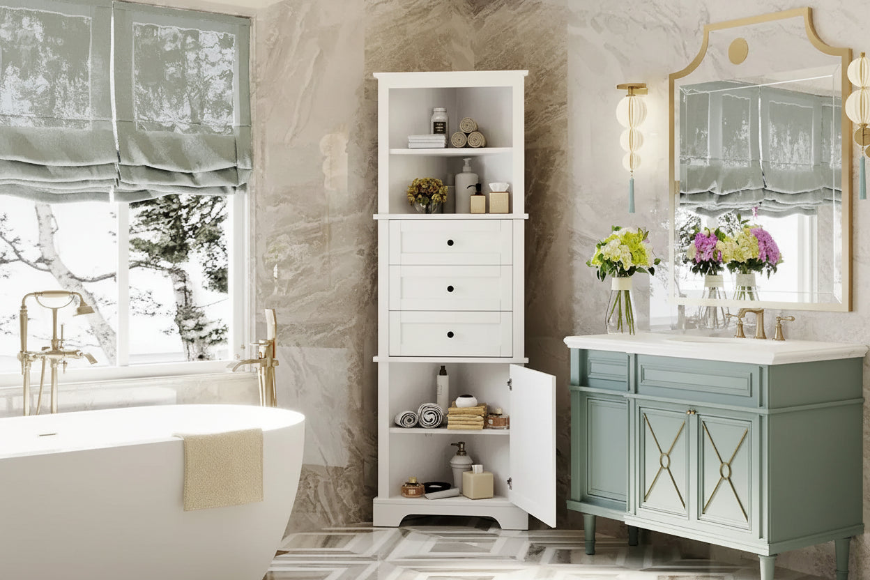 Triangle Tall Bathroom Cabinet with 3 Drawers and Adjustable Shelves