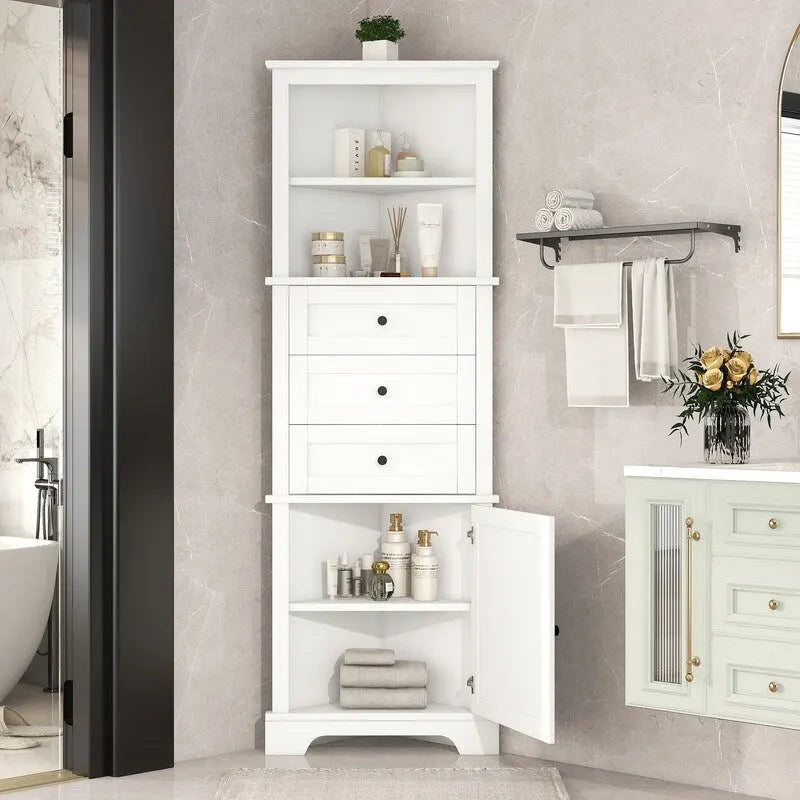 Mueble esquinero triangular blanco/gris, 3 cajones y estante ajustable, 1 persona