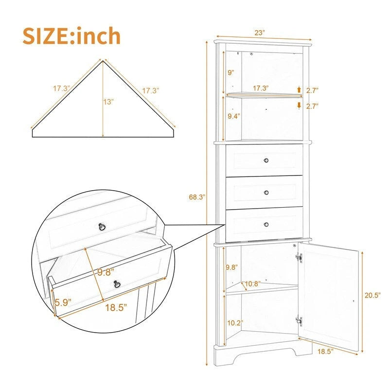 Mueble esquinero triangular blanco/gris, 3 cajones y estante ajustable, 1 persona