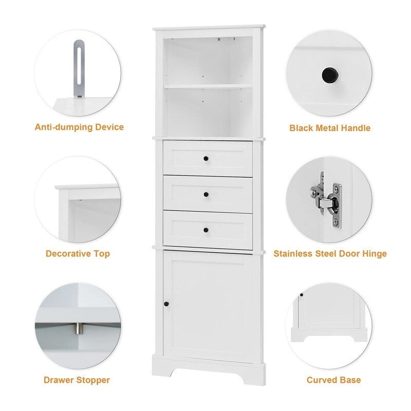 Mueble esquinero triangular blanco/gris, 3 cajones y estante ajustable, 1 persona