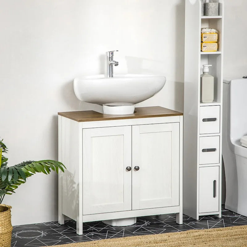 Armario bajo lavabo blanco, mueble de almacenamiento independiente de suelo con puertas dobles y estante ajustable, para un baño individual