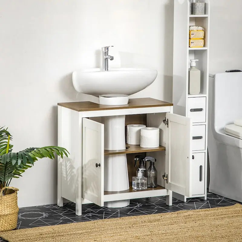 Armario bajo lavabo blanco, mueble de almacenamiento independiente de suelo con puertas dobles y estante ajustable, para un baño individual
