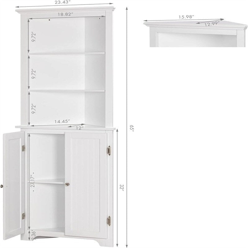Gabinete de almacenamiento de esquina con acabado de madera blanca, 13" Profundidad x 23" Ancho x 65" Altura
