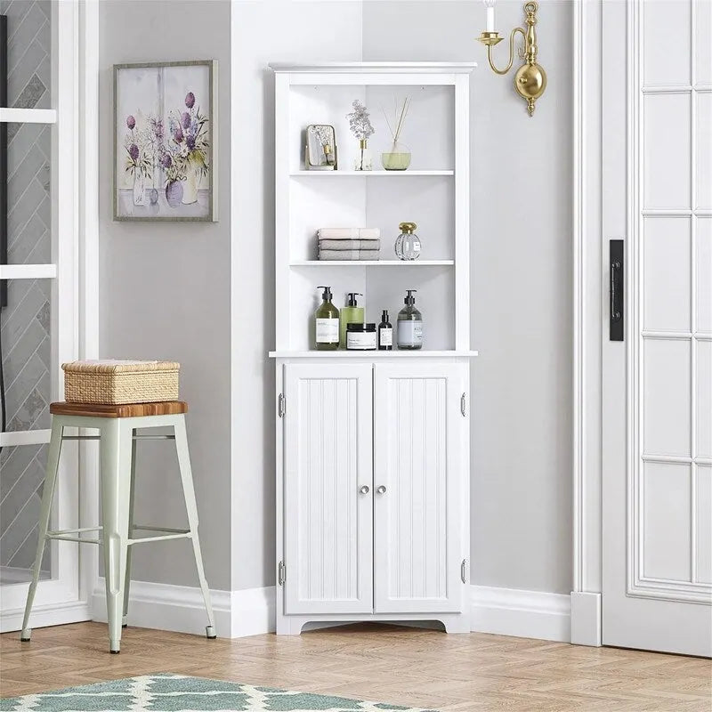 Gabinete de almacenamiento de esquina con acabado de madera blanca, 13" Profundidad x 23" Ancho x 65" Altura