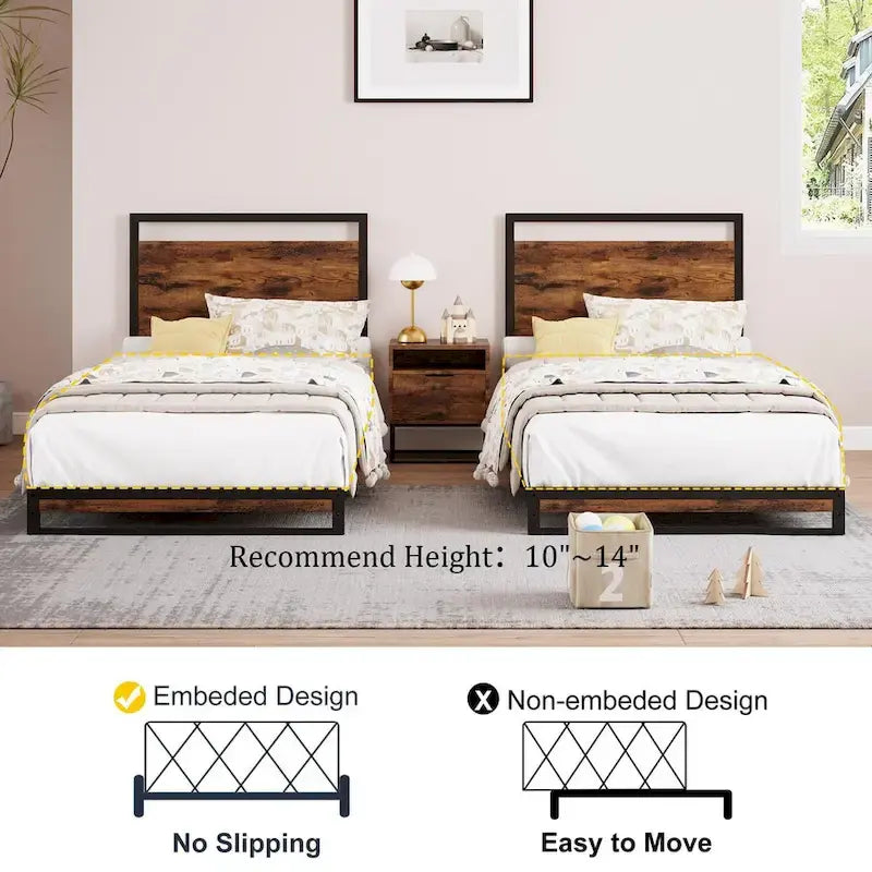 Base de cama de plataforma de metal con cabecero y piecero de madera